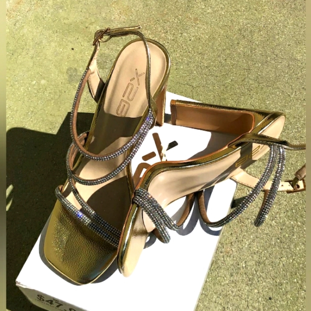 Womens gold rhinestone dressy strap sandal heels